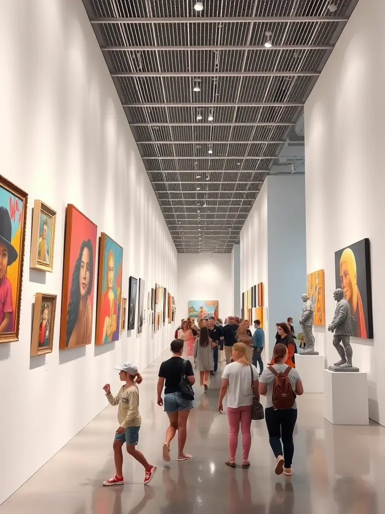 A captivating image of an art exhibition hosted by ASSOCIATION EM PROD, featuring a collection of paintings, sculptures, and mixed media artworks, displayed in a well-lit gallery space, with visitors admiring the art.