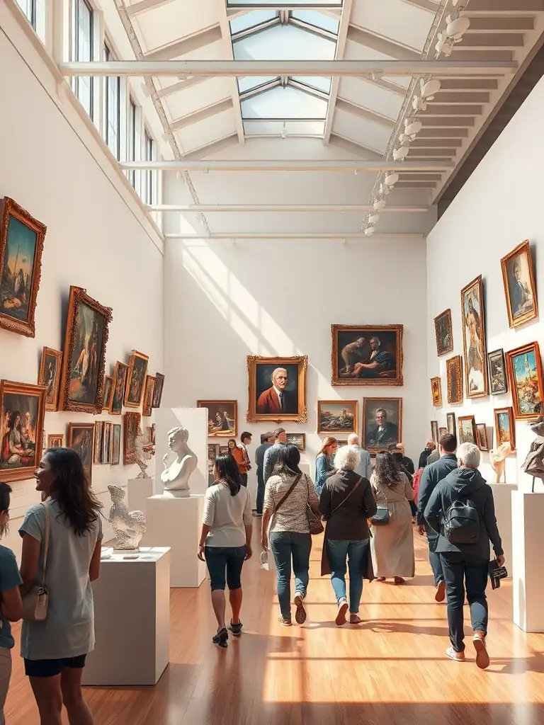 A photo of an art exhibition featuring paintings and sculptures by artists supported by ASSOCIATION EM PROD, with visitors admiring the artwork.