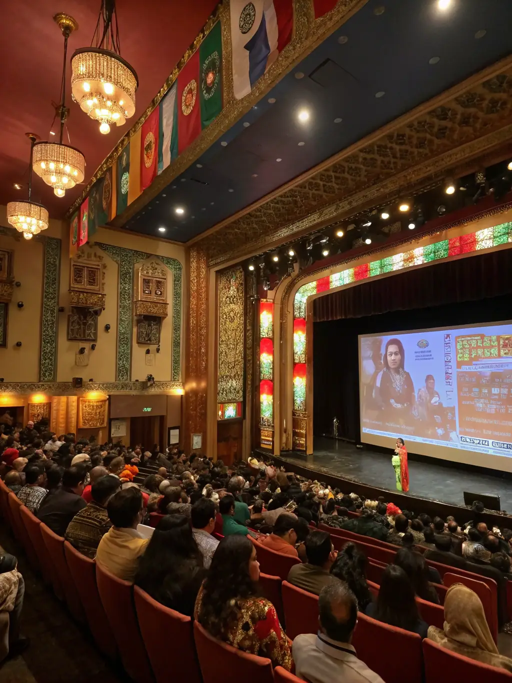 A dynamic shot of a film screening organized by ASSOCIATION EM PROD, showing a diverse audience watching a thought-provoking documentary, with the film's director participating in a Q&A session afterward.
