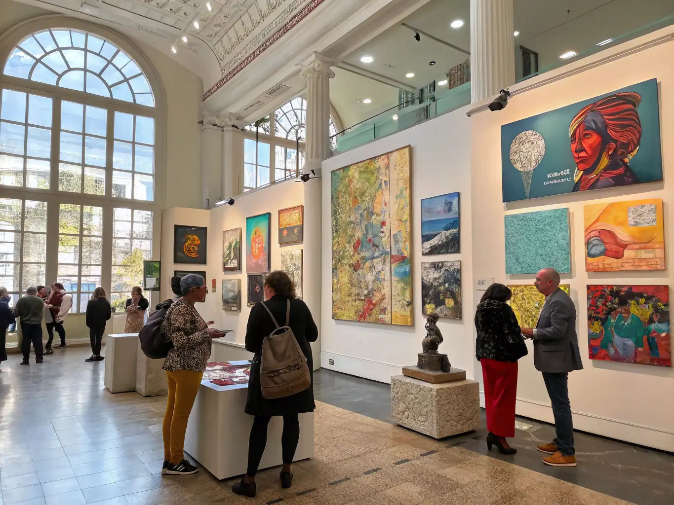 A photograph of an art exhibition hosted by ASSOCIATION EM PROD, showcasing a collection of paintings and sculptures by emerging artists, with visitors admiring the artwork in a gallery setting.