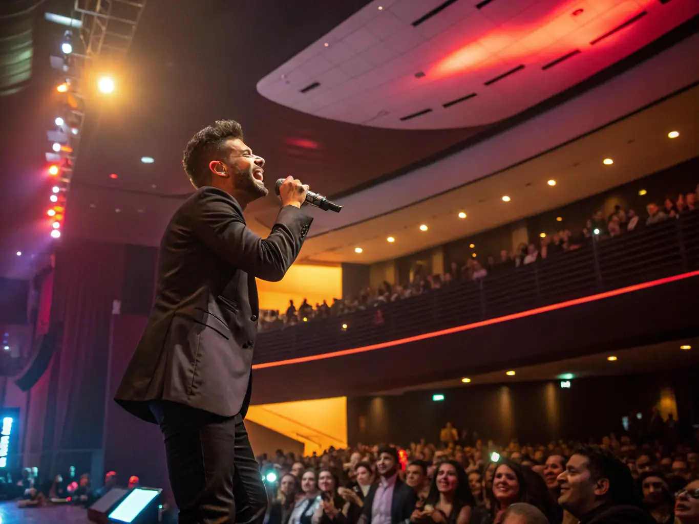 A photograph capturing the energy of a live concert organized by ASSOCIATION EM PROD, featuring a young musician passionately performing on stage, bathed in colorful stage lights, with an enthusiastic audience in the foreground.